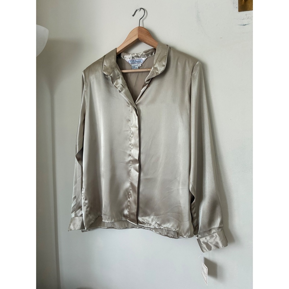 KB Lawrence Champagne 90S Satin Long Sleeve Button Up Blouse Size 14 Minimalist